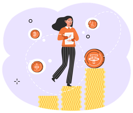 Femme avec croissance des investissements cryptographiques  Illustration
