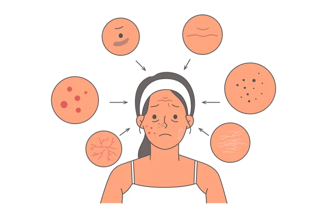 Une femme souffrant d'acné et de rides sur le visage ou de fissures sur la peau sèche a besoin de l'aide d'un cosmétologue  Illustration