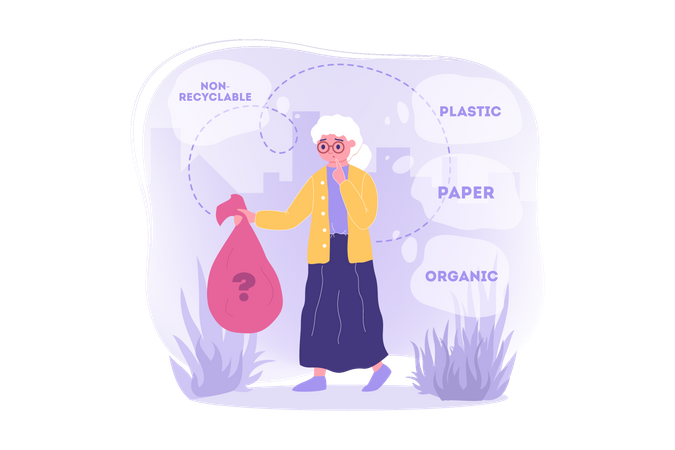 Femme avec des déchets non recyclables  Illustration