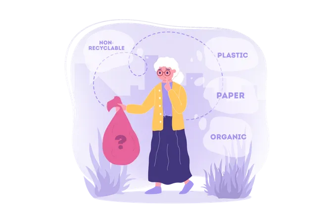 Femme avec des déchets non recyclables  Illustration