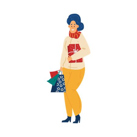 Femme avec des achats lors des soldes de Noël  Illustration