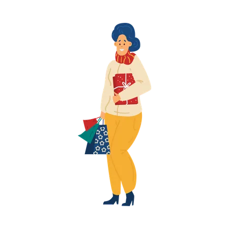 Femme avec des achats lors des soldes de Noël  Illustration