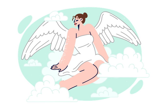 Une femme aux ailes d'ange est assise sur des nuages et regarde de côté  Illustration