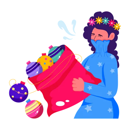 Femme avec un sac de décorations de Noël  Illustration