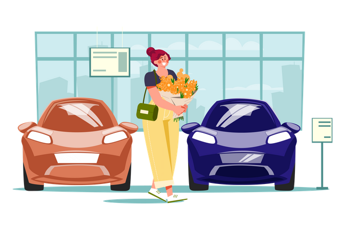 Femme avec des fleurs dans la salle d'exposition automobile  Illustration