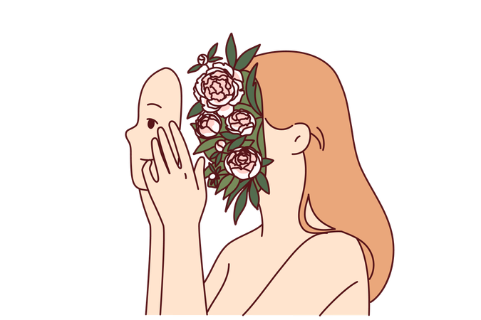 Femme avec des fleurs en tête symbolisant la pureté et la piété ou l'harmonie spirituelle tient son propre visage entre les mains  Illustration