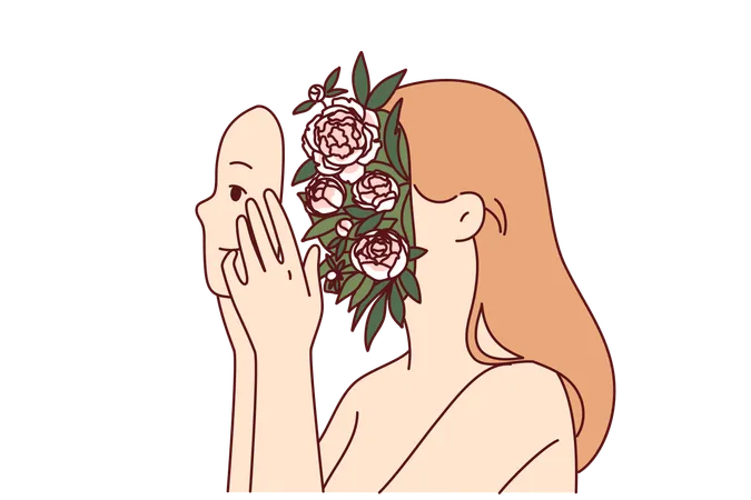 Femme avec des fleurs en tête symbolisant la pureté et la piété ou l'harmonie spirituelle tient son propre visage entre les mains  Illustration