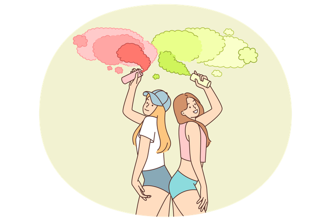 Une femme avec des bombes fumigènes multicolores pose dans des vêtements légers de style urbain pour attirer l'attention  Illustration