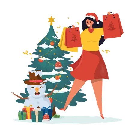 Femme avec des sacs de Noël  Illustration