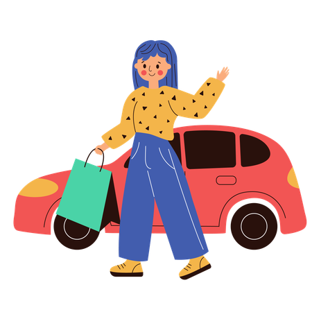 Femme avec des sacs près de la voiture  Illustration