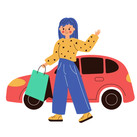 Femme avec des sacs près de la voiture  Illustration