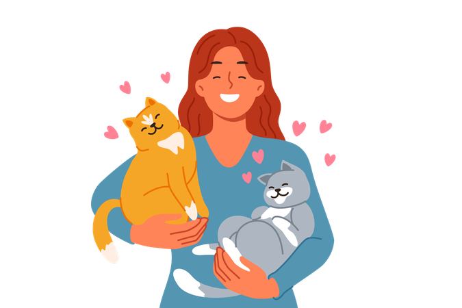 Une femme avec deux chats dans les bras aime ses propres animaux de compagnie trouvés dans un refuge avec des animaux sans abri  Illustration