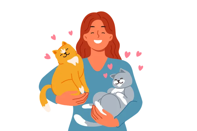 Une femme avec deux chats dans les bras aime ses propres animaux de compagnie trouvés dans un refuge avec des animaux sans abri  Illustration