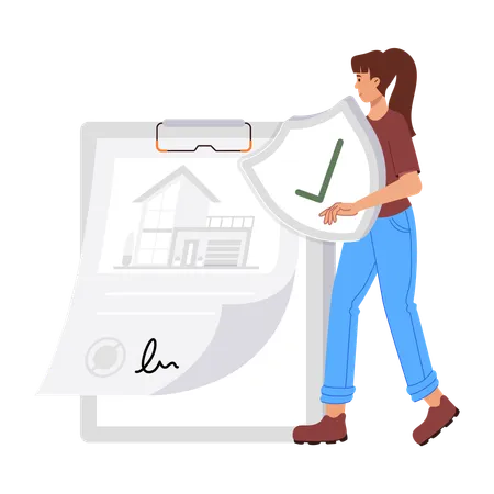 Femme avec documents d'assurance habitation  Illustration