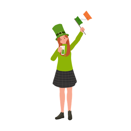 Femme avec drapeau irlandais et tenant un verre de bière  Illustration