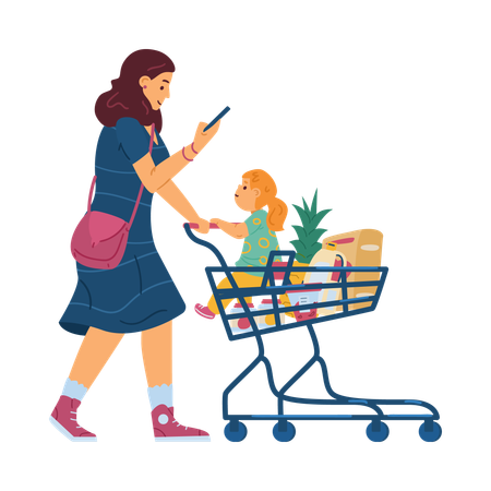 Femme avec enfant dans un caddie dans un supermarché  Illustration