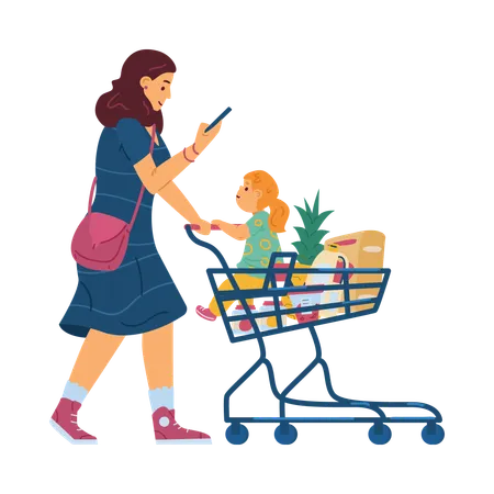 Femme avec enfant dans un caddie dans un supermarché  Illustration