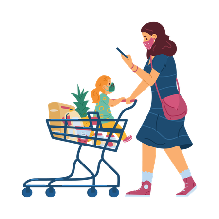 Femme avec une petite fille portant des masques faciaux poussant un chariot de supermarché  Illustration