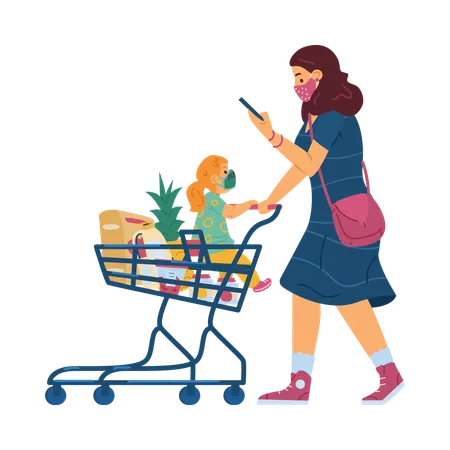 Femme avec une petite fille portant des masques faciaux poussant un chariot de supermarché  Illustration