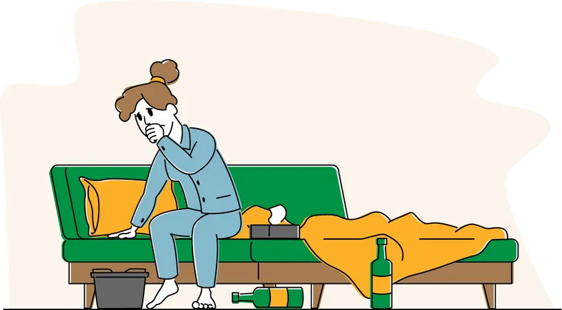 Femme atteinte du syndrome de la gueule de bois assise sur son lit avec des bouteilles d'alcool vides et un bassin après la fête  Illustration