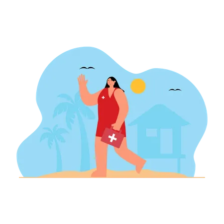 Femme avec medikit à la plage  Illustration