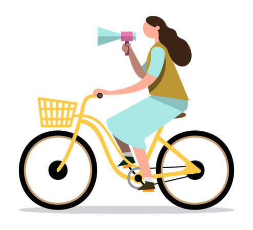 Femme avec mégaphone sur vélo  Illustration