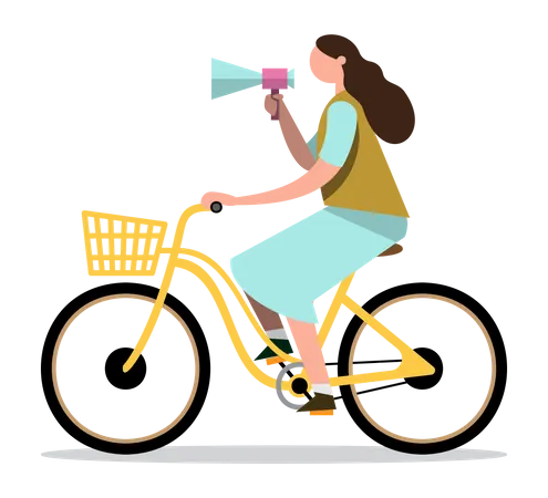 Femme avec mégaphone sur vélo  Illustration