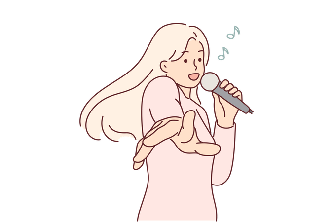 Une femme avec un microphone chante au karaoké en profitant d'une soirée musicale cool et en tendant les mains vers l'écran  Illustration