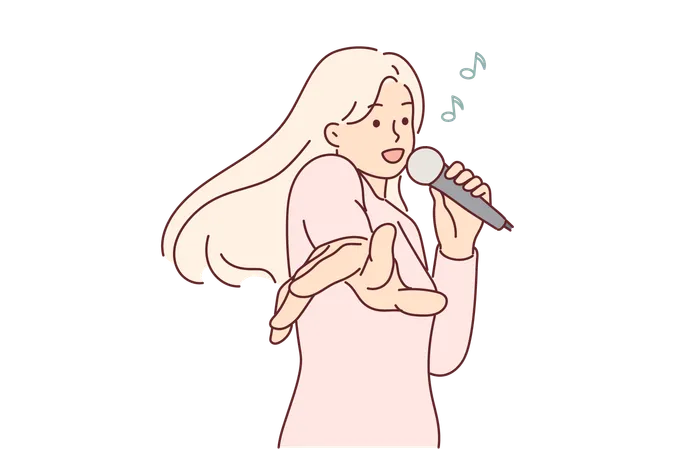 Une femme avec un microphone chante au karaoké en profitant d'une soirée musicale cool et en tendant les mains vers l'écran  Illustration