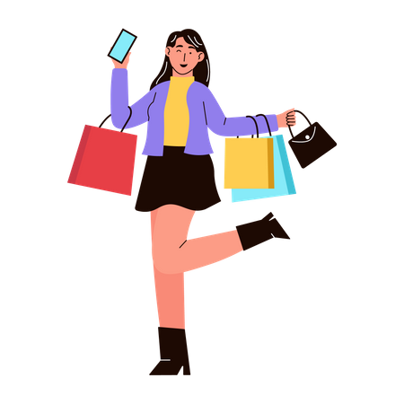 Femme avec du shopping de mode branché  Illustration