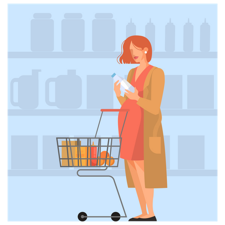 Femme avec panier choisissant des produits d'épicerie au supermarché  Illustration