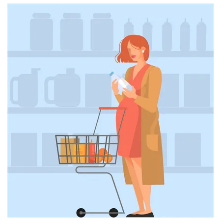 Femme avec panier choisissant des produits d'épicerie au supermarché  Illustration