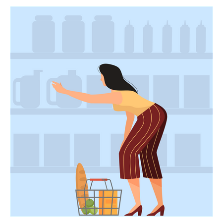 Femme avec panier choisissant une épicerie au supermarché  Illustration