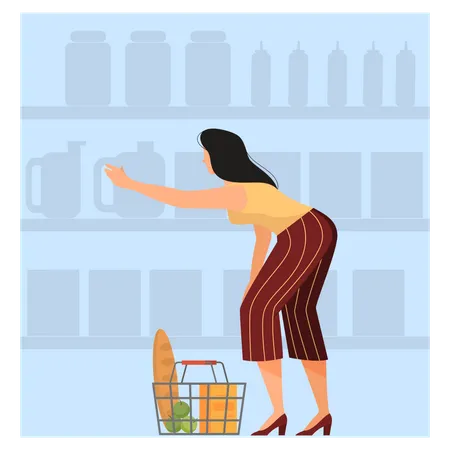 Femme avec panier choisissant une épicerie au supermarché  Illustration