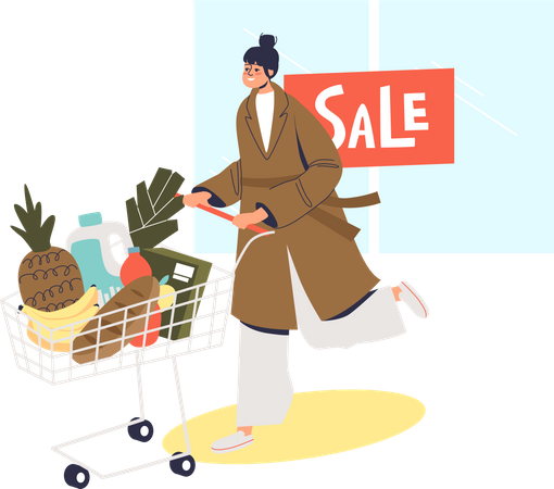 Femme avec panier complet après-vente sur les achats en épicerie  Illustration