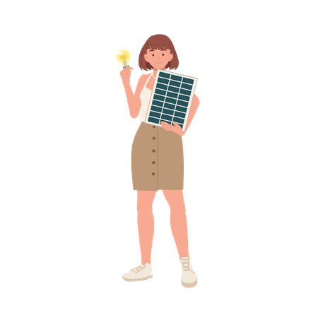 Femme avec panneau de cellules solaires et ampoule pour montrer une énergie propre  Illustration