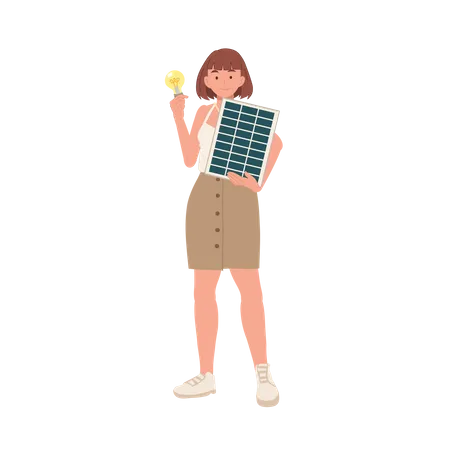 Femme avec panneau de cellules solaires et ampoule pour montrer une énergie propre  Illustration