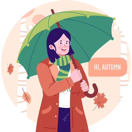 Femme avec parapluie en automne  Illustration