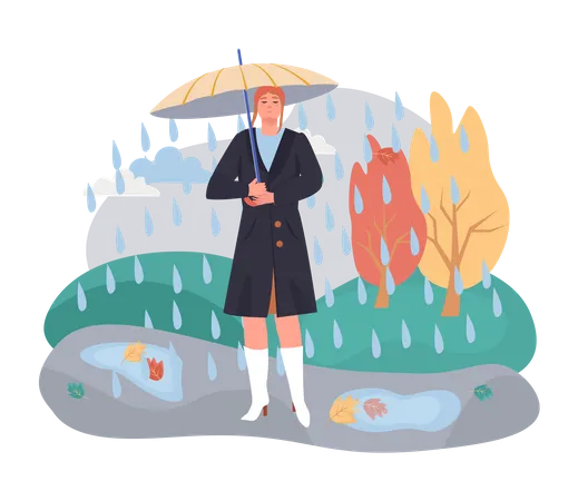 Femme avec parapluie en saison des pluies  Illustration