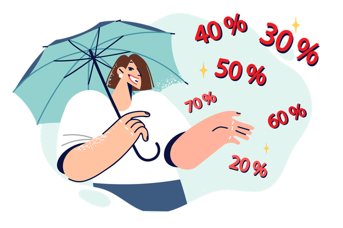Une femme avec un parapluie parle de réductions dans une boutique de mode  Illustration