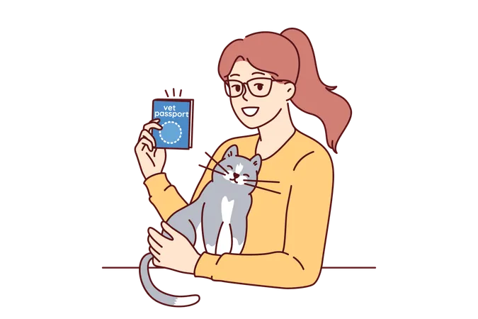 Une femme avec un passeport vétérinaire caresse un chat démontrant un document vétérinaire qui permet de voyager avec un animal de compagnie  Illustration