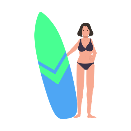 Femme avec planche de surf sur la plage  Illustration