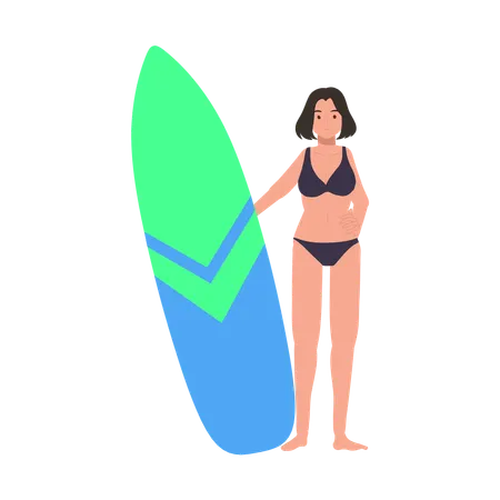 Femme avec planche de surf sur la plage  Illustration