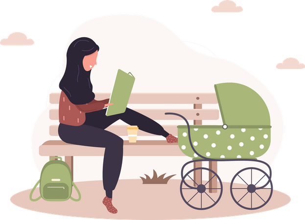 Femme avec livre de lecture de poussette de bébé  Illustration