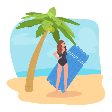 Femme avec radeau en caoutchouc profitant de vacances à la plage  Illustration