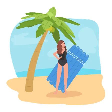 Femme avec radeau en caoutchouc profitant de vacances à la plage  Illustration