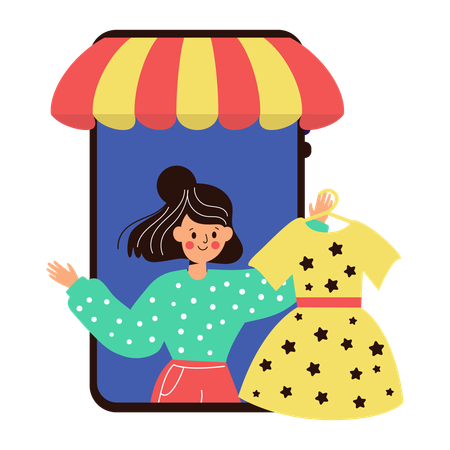 Femme avec une robe faisant des achats en ligne  Illustration