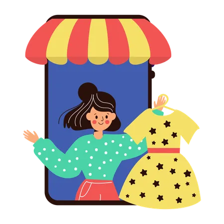 Femme avec une robe faisant des achats en ligne  Illustration