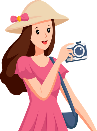 Femme avec une robe rose voyageant  Illustration