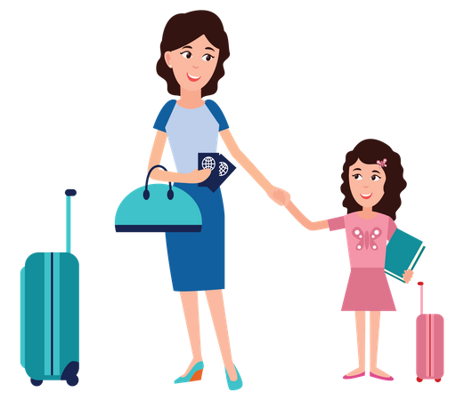 Femme avec sa fille partant en vacances  Illustration